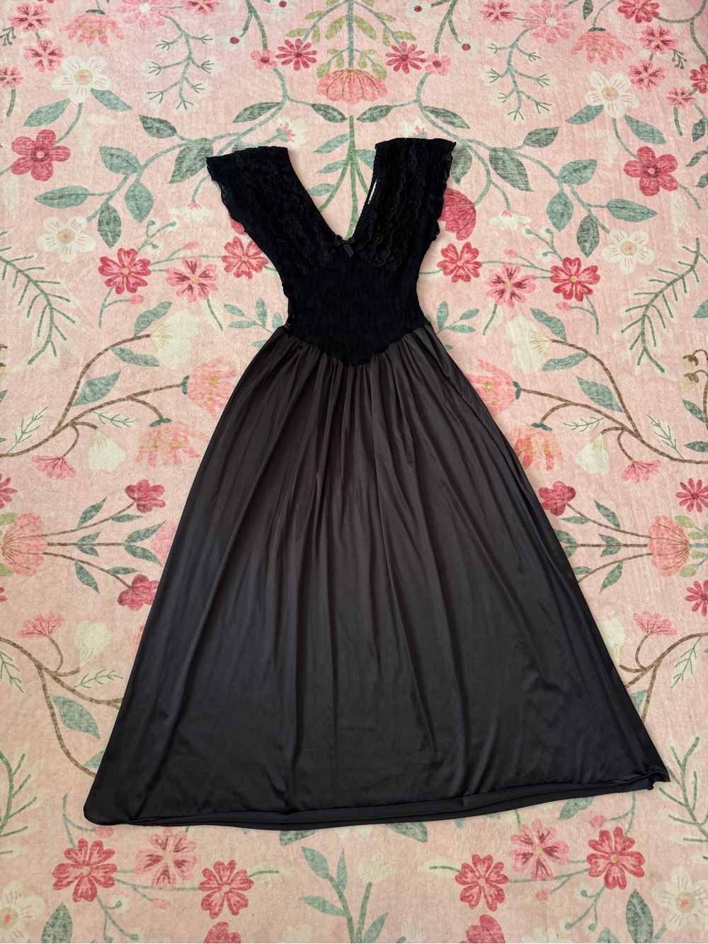 Vintage Black Lace Satin Drop Waist Nightgown Dress XS S